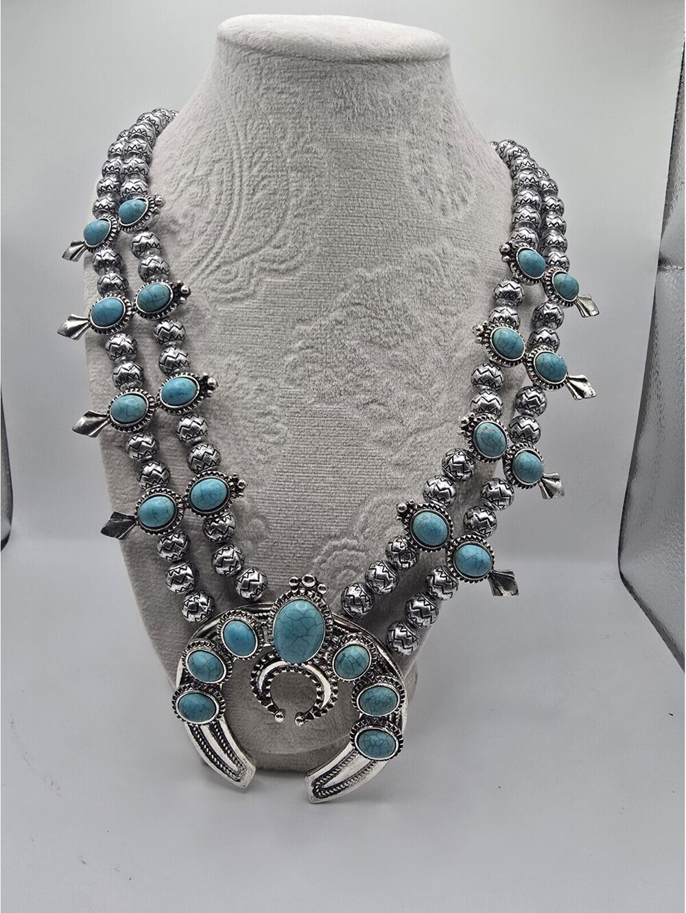 Southwestern Faux Blue Turquoise Squash Blossom Necklace Double Strand Up To 24"